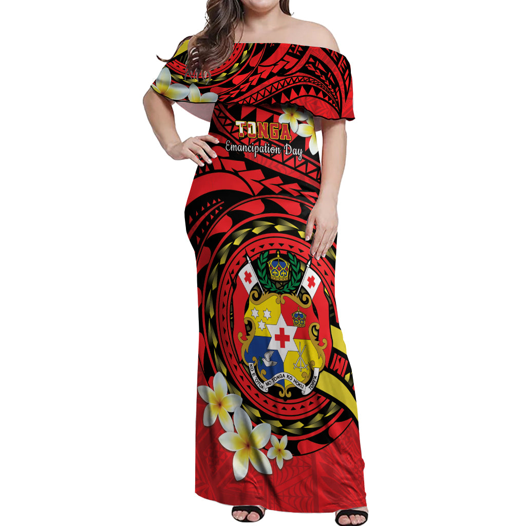 Personalised Tonga Emancipation Day Off Shoulder Maxi Dress Tongan Ngatu Pattern - Red Version
