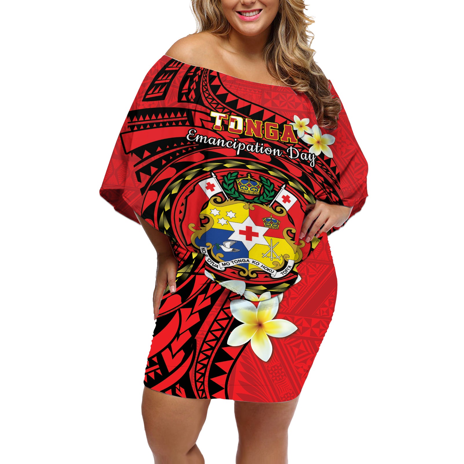 Personalised Tonga Emancipation Day Off Shoulder Short Dress Tongan Ngatu Pattern - Red Version
