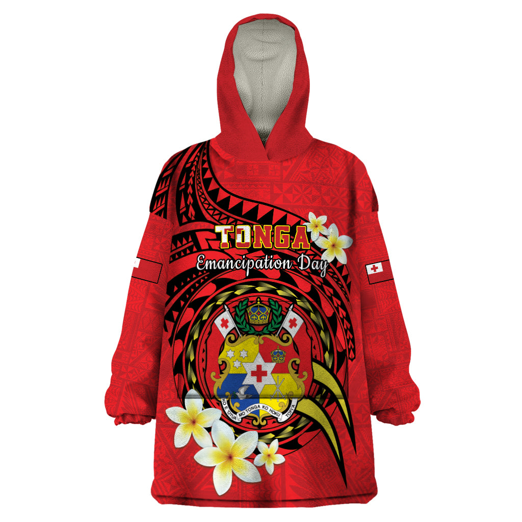 Personalised Tonga Emancipation Day Wearable Blanket Hoodie Tongan Ngatu Pattern - Red Version