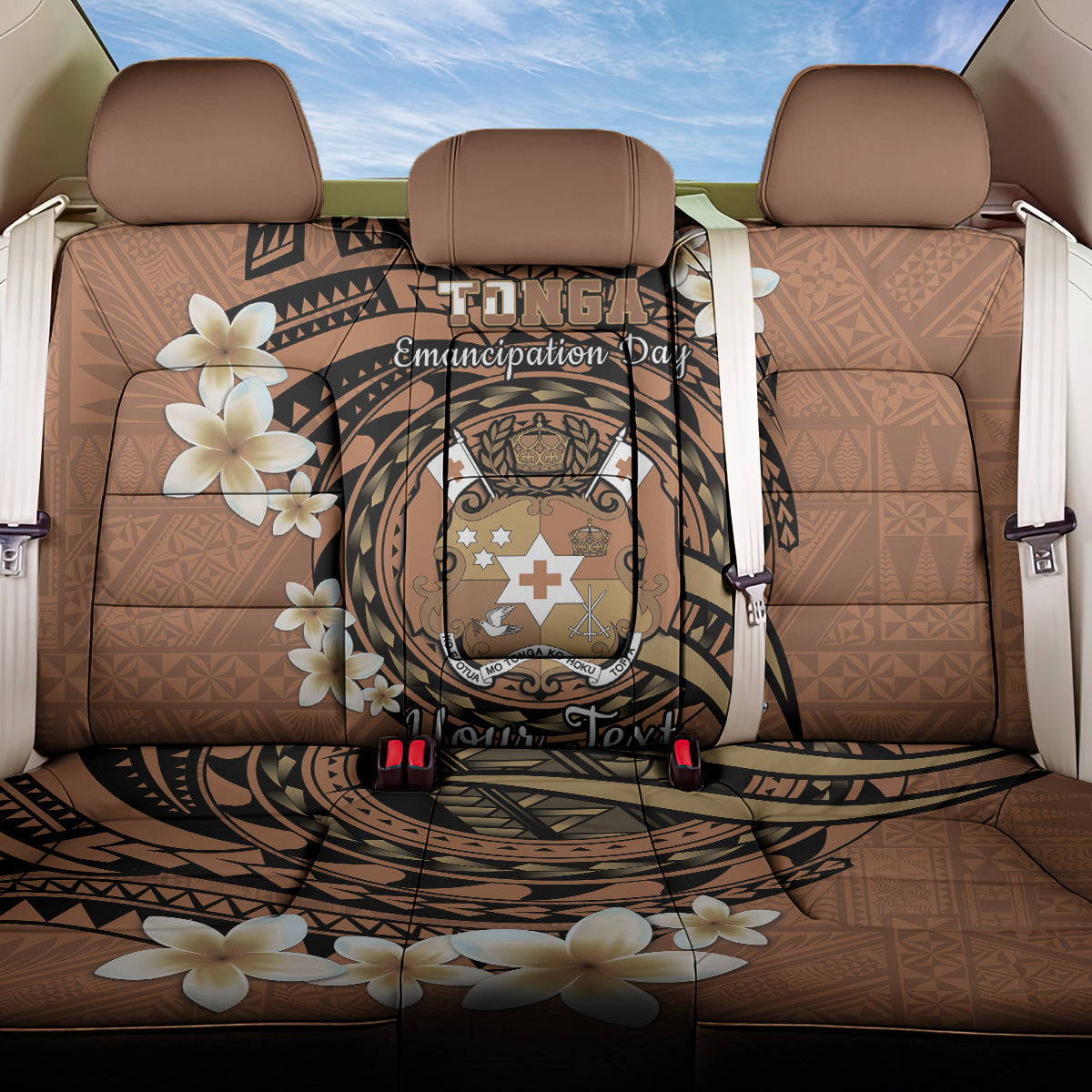 Personalised Tonga Emancipation Day Back Car Seat Cover Tongan Ngatu Pattern - Brown Version