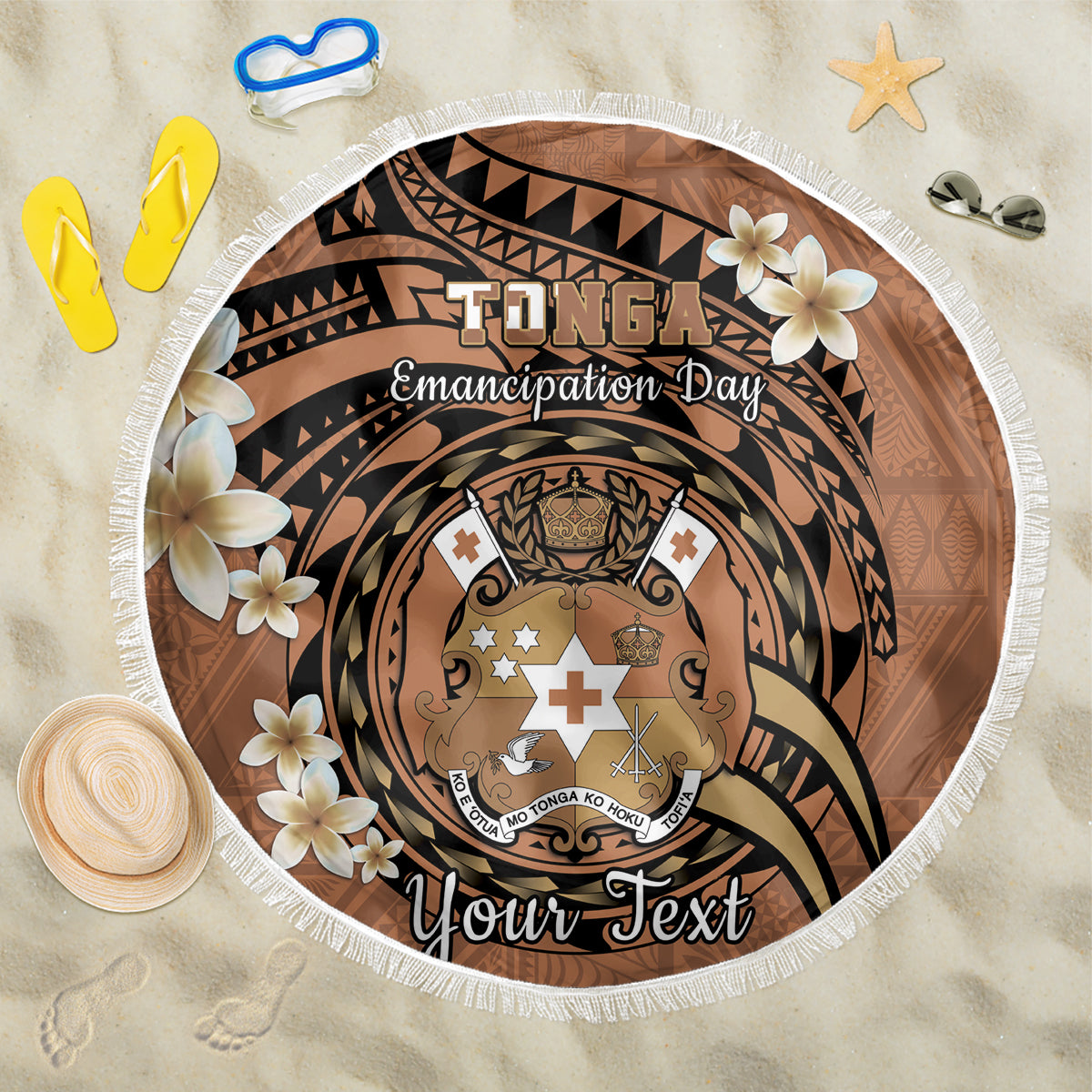 Personalised Tonga Emancipation Day Beach Blanket Tongan Ngatu Pattern - Brown Version