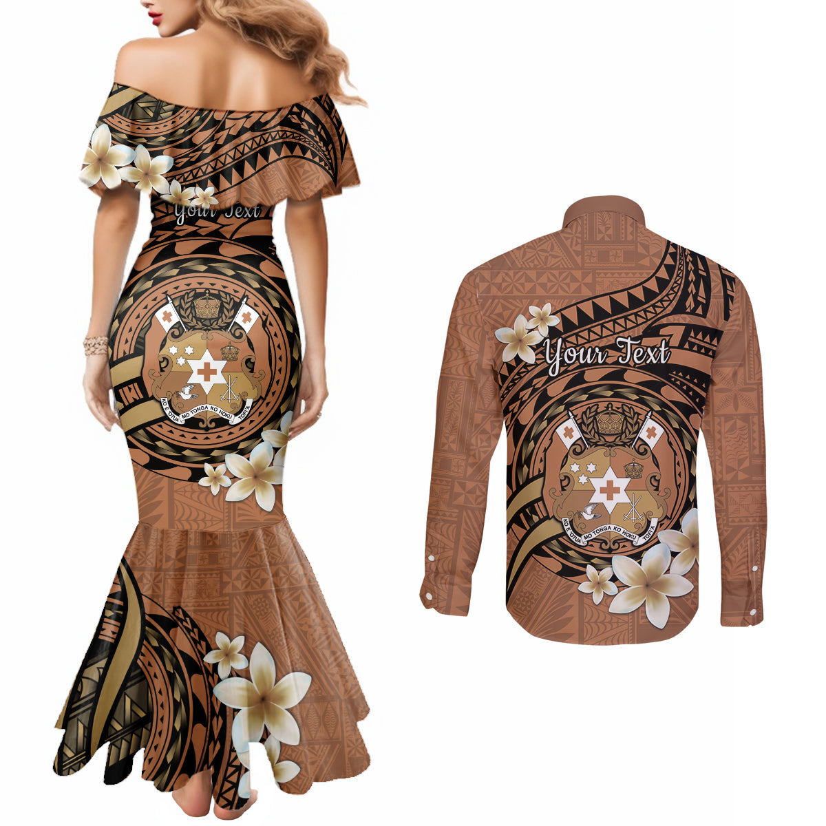 Personalised Tonga Emancipation Day Couples Matching Mermaid Dress and Long Sleeve Button Shirt Tongan Ngatu Pattern - Brown Version