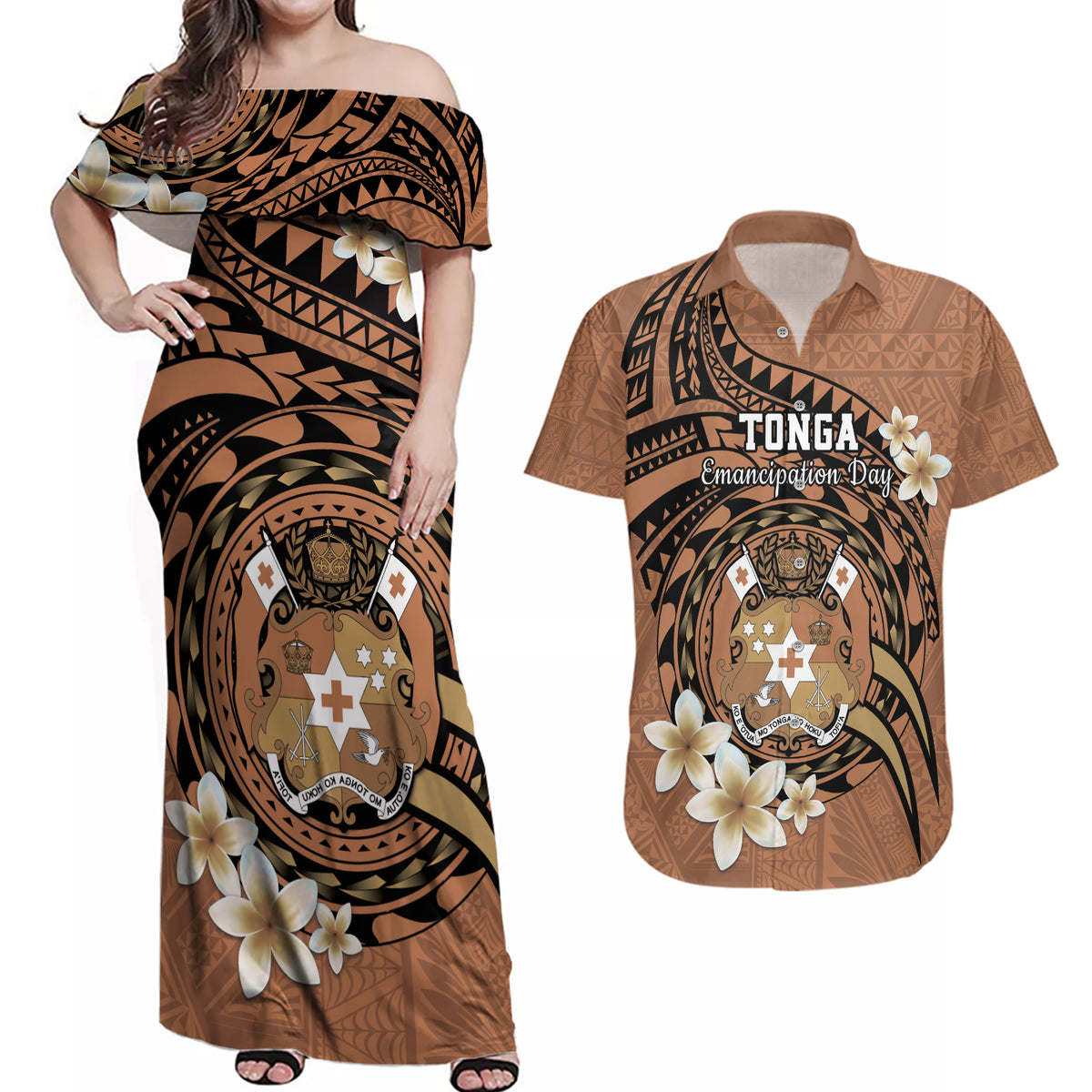 Personalised Tonga Emancipation Day Couples Matching Off Shoulder Maxi Dress and Hawaiian Shirt Tongan Ngatu Pattern - Brown Version LT14 Brown - Polynesian Pride