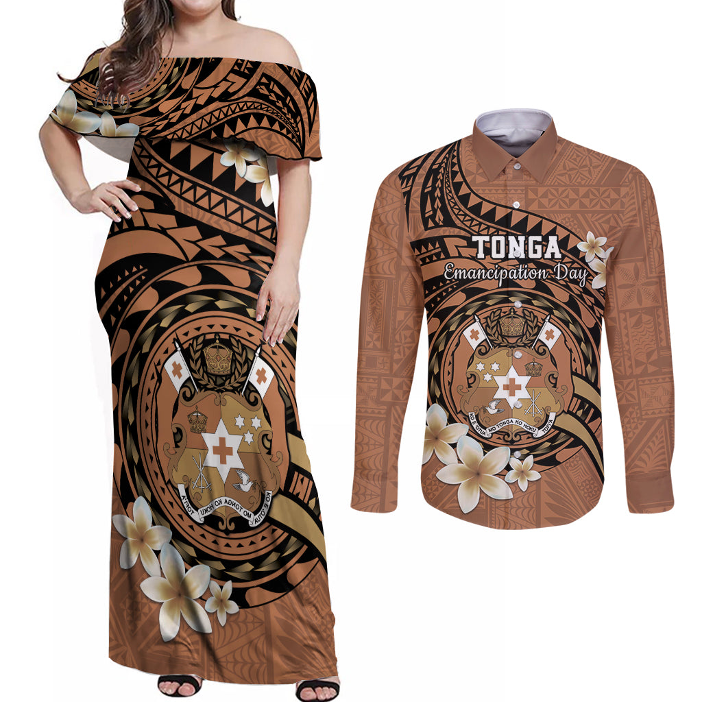 Personalised Tonga Emancipation Day Couples Matching Off Shoulder Maxi Dress and Long Sleeve Button Shirt Tongan Ngatu Pattern - Brown Version LT14 Brown - Polynesian Pride