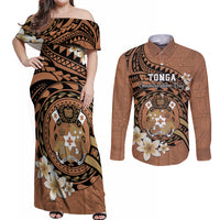 Personalised Tonga Emancipation Day Couples Matching Off Shoulder Maxi Dress and Long Sleeve Button Shirt Tongan Ngatu Pattern - Brown Version LT14 Brown - Polynesian Pride