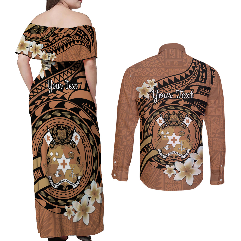 Personalised Tonga Emancipation Day Couples Matching Off Shoulder Maxi Dress and Long Sleeve Button Shirt Tongan Ngatu Pattern - Brown Version LT14 - Polynesian Pride