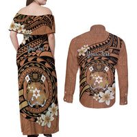 Personalised Tonga Emancipation Day Couples Matching Off Shoulder Maxi Dress and Long Sleeve Button Shirt Tongan Ngatu Pattern - Brown Version LT14 - Polynesian Pride