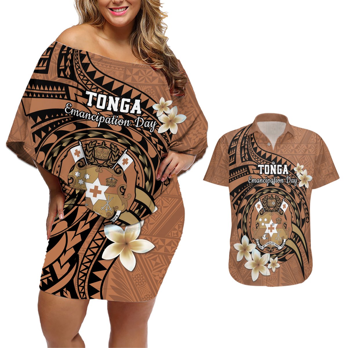 Personalised Tonga Emancipation Day Couples Matching Off Shoulder Short Dress and Hawaiian Shirt Tongan Ngatu Pattern - Brown Version LT14 Brown - Polynesian Pride