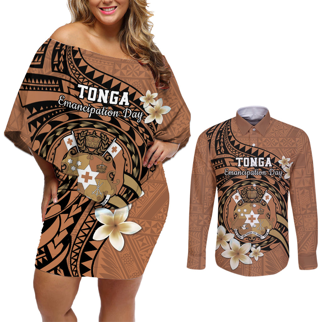 Personalised Tonga Emancipation Day Couples Matching Off Shoulder Short Dress and Long Sleeve Button Shirt Tongan Ngatu Pattern - Brown Version
