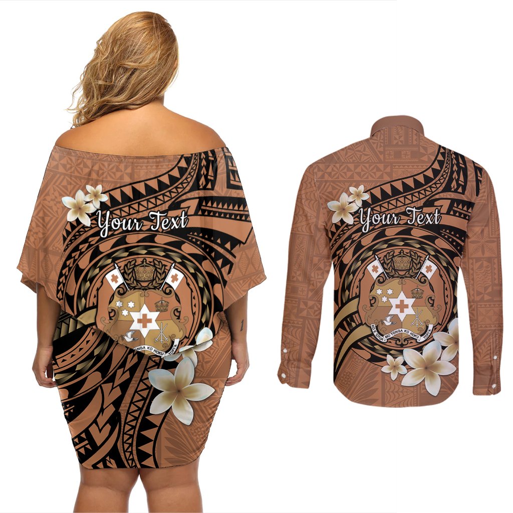 Personalised Tonga Emancipation Day Couples Matching Off Shoulder Short Dress and Long Sleeve Button Shirt Tongan Ngatu Pattern - Brown Version LT14 - Polynesian Pride