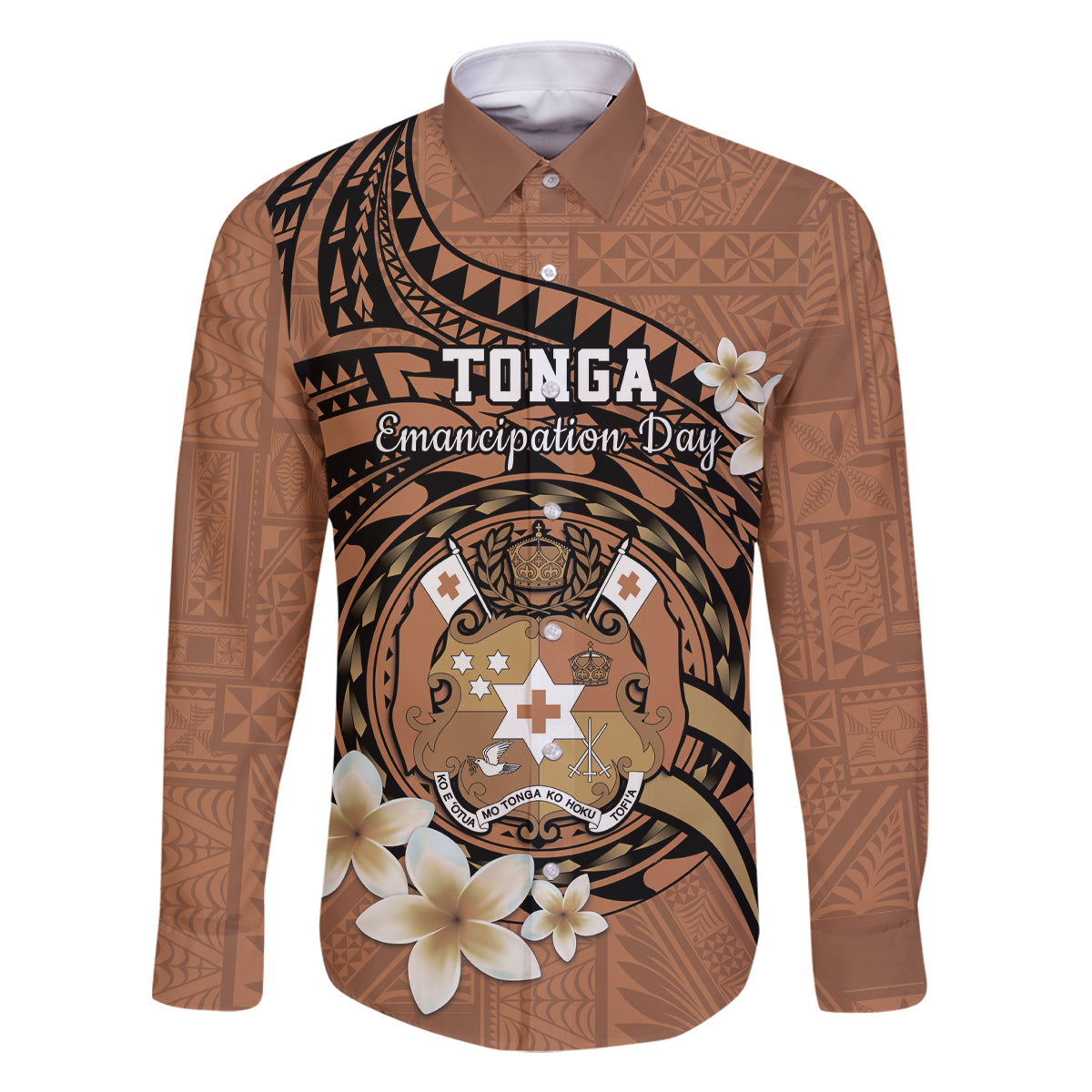 Personalised Tonga Emancipation Day Family Matching Off Shoulder Maxi Dress and Hawaiian Shirt Tongan Ngatu Pattern - Brown Version LT14 Dad's Shirt - Long Sleeve Brown - Polynesian Pride