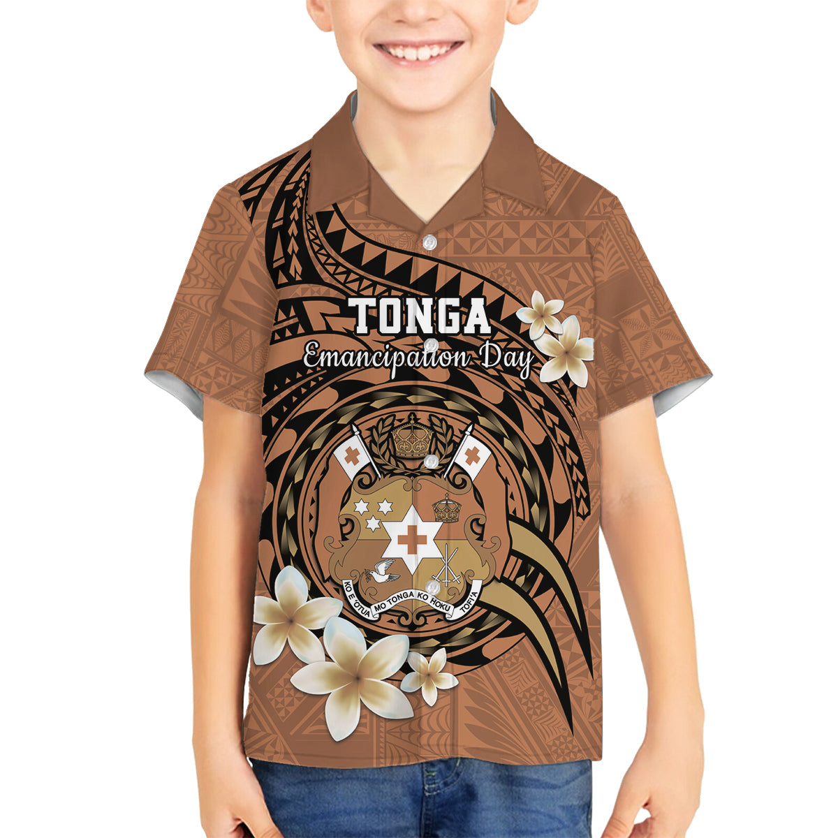 Personalised Tonga Emancipation Day Family Matching Off Shoulder Maxi Dress and Hawaiian Shirt Tongan Ngatu Pattern - Brown Version LT14 Son's Shirt Brown - Polynesian Pride