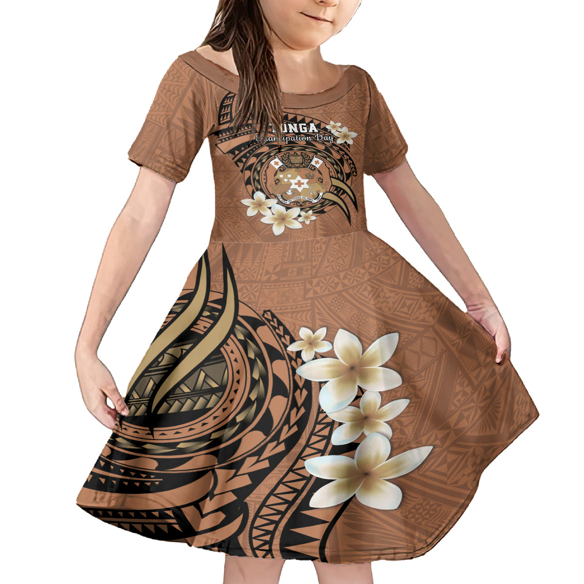 Personalised Tonga Emancipation Day Family Matching Puletasi and Hawaiian Shirt Tongan Ngatu Pattern - Brown Version LT14 Daughter's Dress Brown - Polynesian Pride