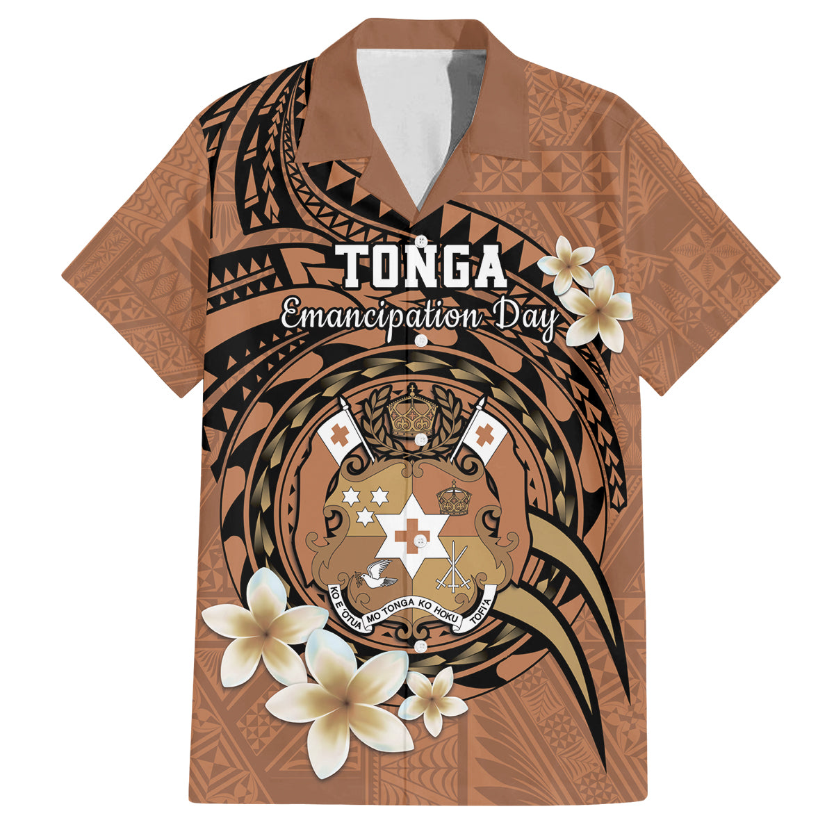 Personalised Tonga Emancipation Day Family Matching Puletasi and Hawaiian Shirt Tongan Ngatu Pattern - Brown Version LT14 Dad's Shirt - Short Sleeve Brown - Polynesian Pride