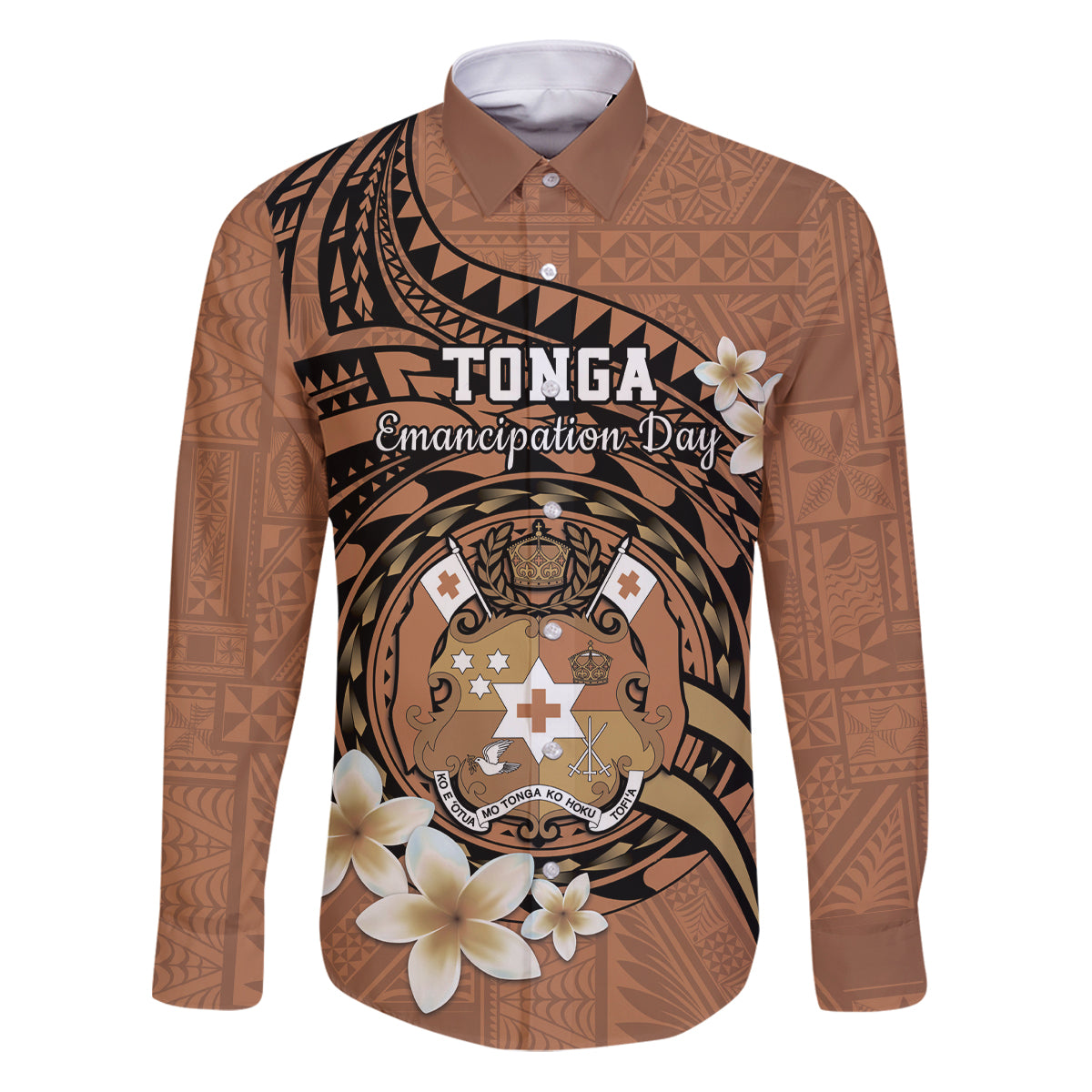 Personalised Tonga Emancipation Day Family Matching Puletasi and Hawaiian Shirt Tongan Ngatu Pattern - Brown Version LT14 Dad's Shirt - Long Sleeve Brown - Polynesian Pride