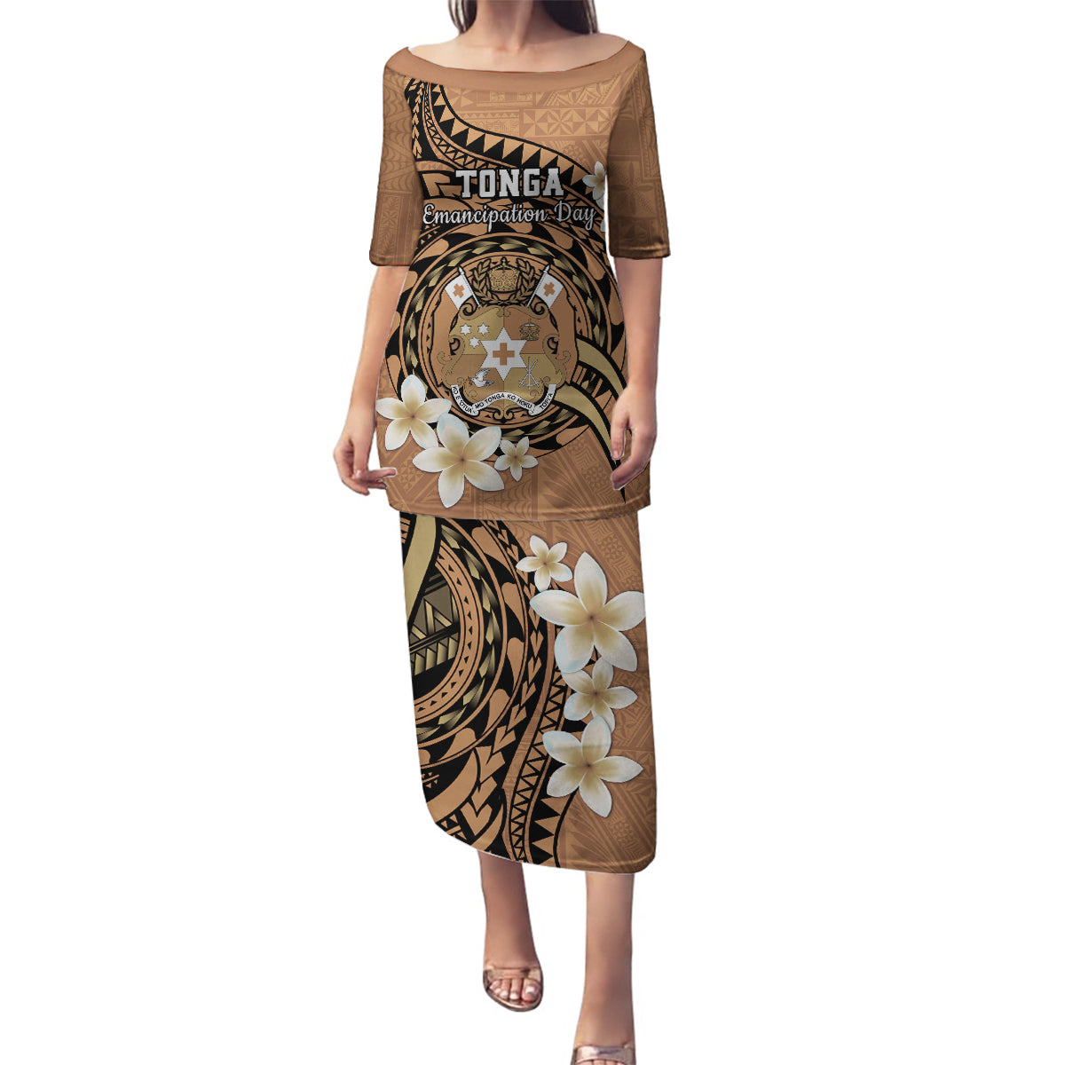 Personalised Tonga Emancipation Day Family Matching Puletasi and Hawaiian Shirt Tongan Ngatu Pattern - Brown Version LT14 Mom's Dress Brown - Polynesian Pride