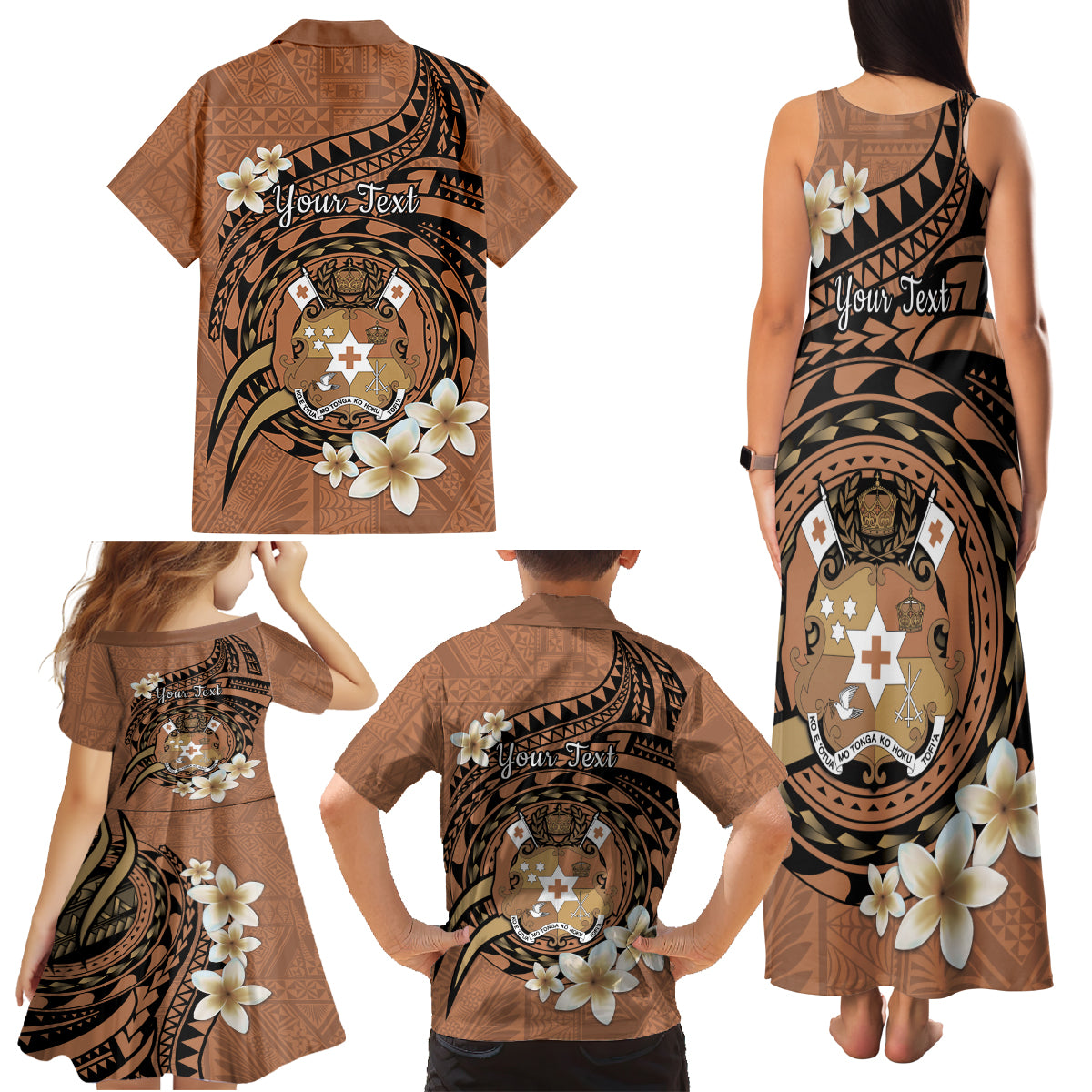 Personalised Tonga Emancipation Day Family Matching Tank Maxi Dress and Hawaiian Shirt Tongan Ngatu Pattern - Brown Version