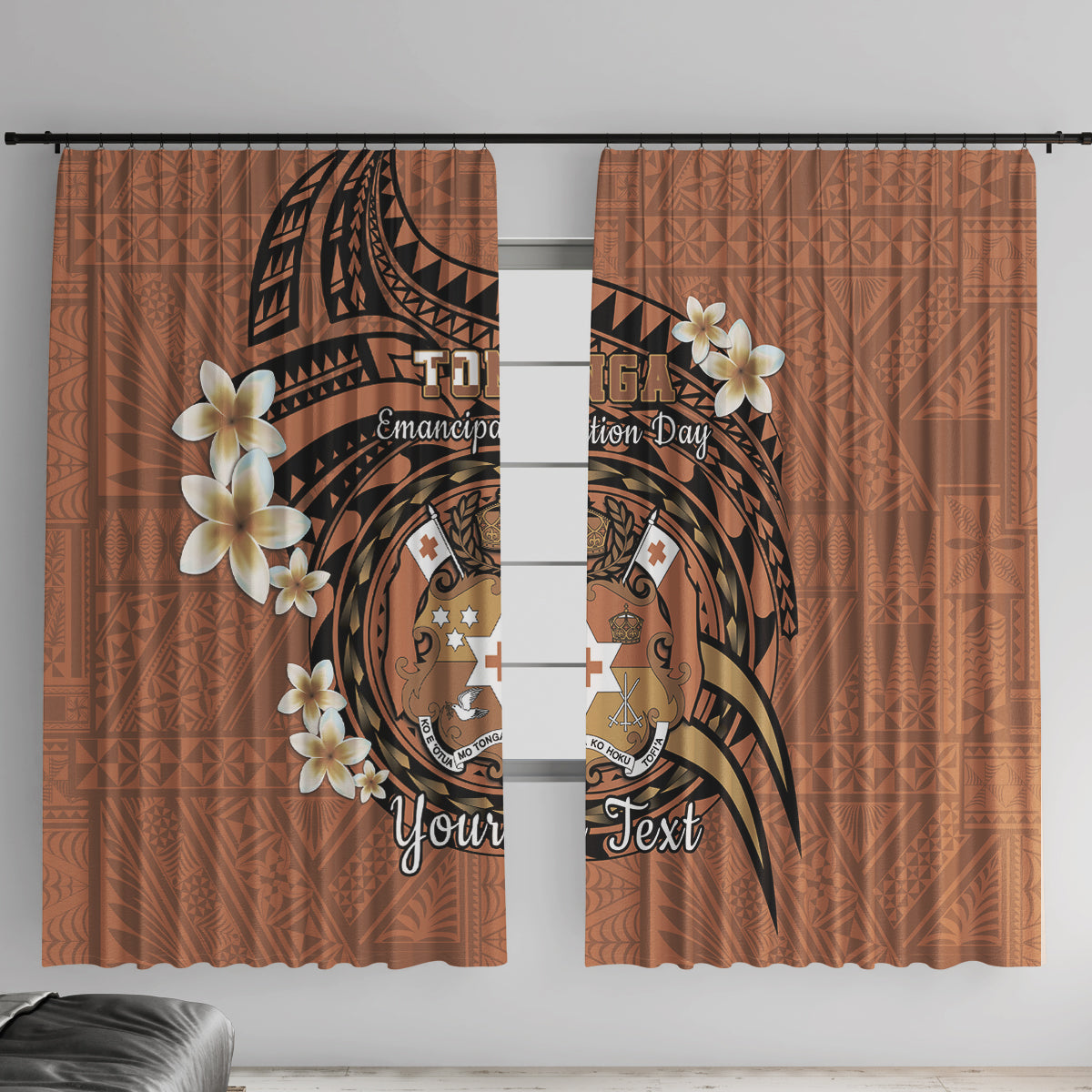 Personalised Tonga Emancipation Day Window Curtain Tongan Ngatu Pattern - Brown Version