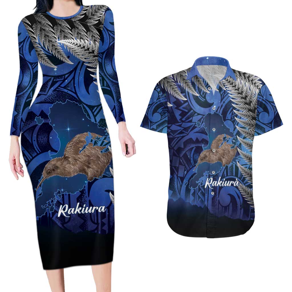 New Zealand Stewart Island Couples Matching Long Sleeve Bodycon Dress and Hawaiian Shirt Rakiura Kiwi Maori Glowing Sky