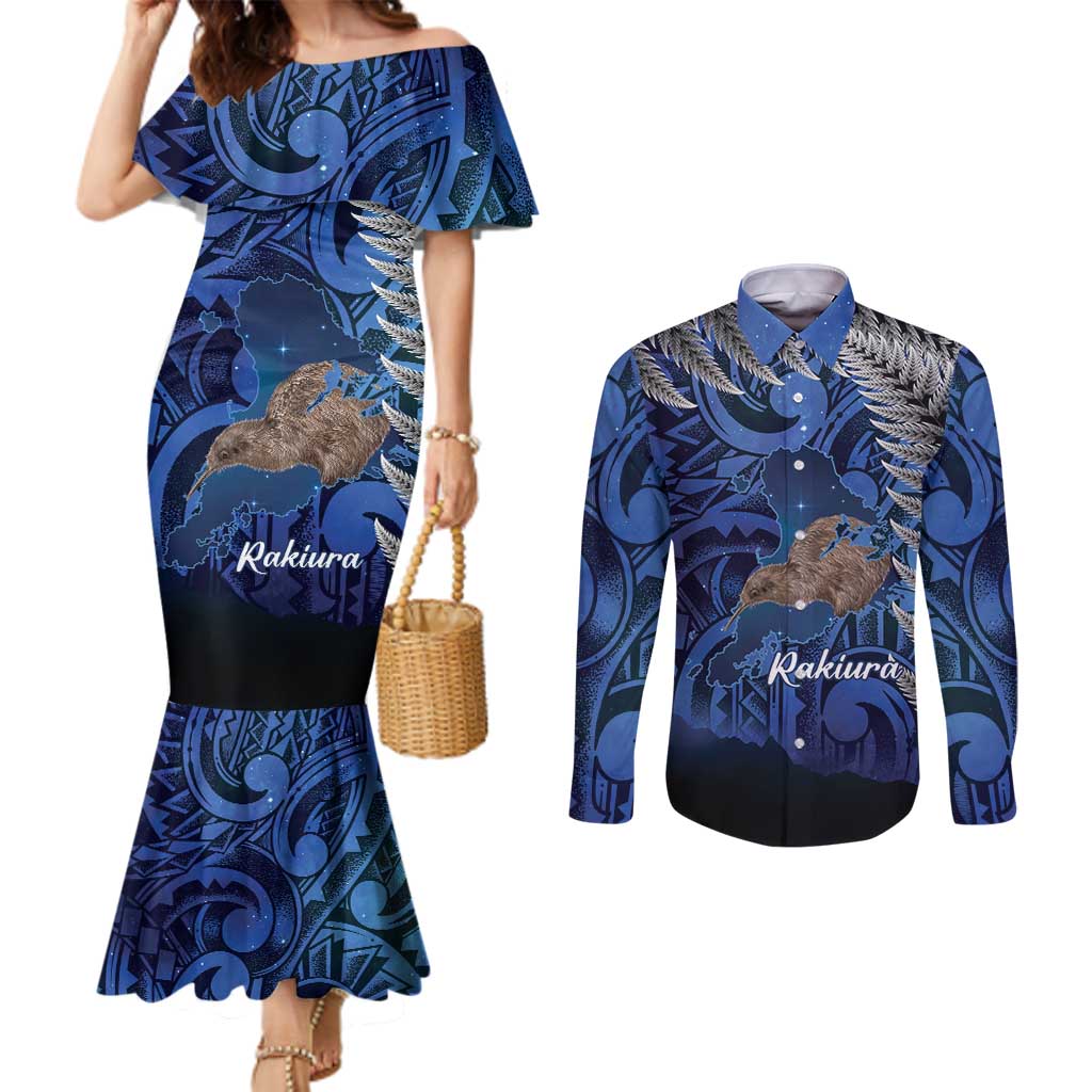 New Zealand Stewart Island Couples Matching Mermaid Dress and Long Sleeve Button Shirt Rakiura Kiwi Maori Glowing Sky