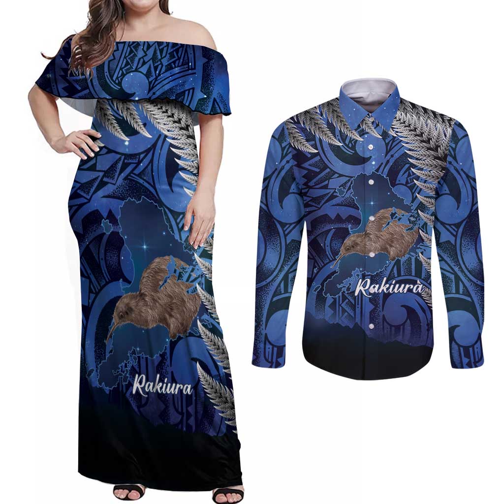New Zealand Stewart Island Couples Matching Off Shoulder Maxi Dress and Long Sleeve Button Shirt Rakiura Kiwi Maori Glowing Sky