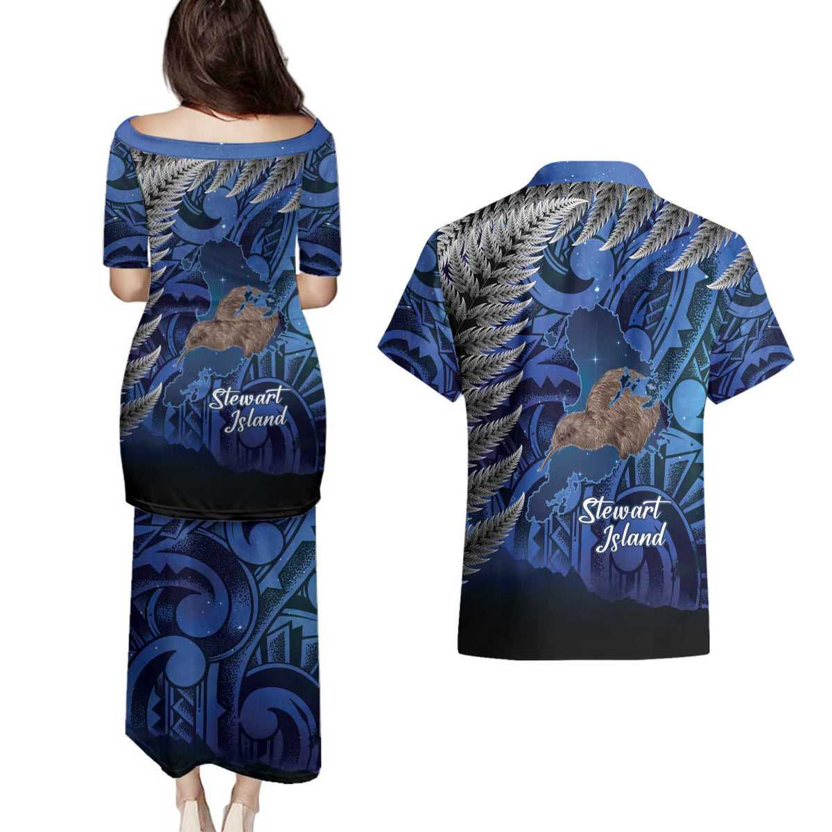 New Zealand Stewart Island Couples Matching Puletasi and Hawaiian Shirt Rakiura Kiwi Maori Glowing Sky