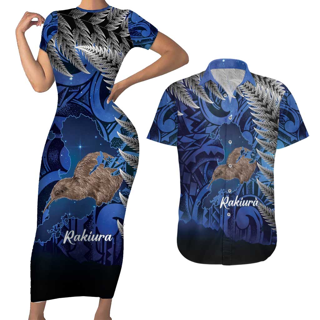 New Zealand Stewart Island Couples Matching Short Sleeve Bodycon Dress and Hawaiian Shirt Rakiura Kiwi Maori Glowing Sky