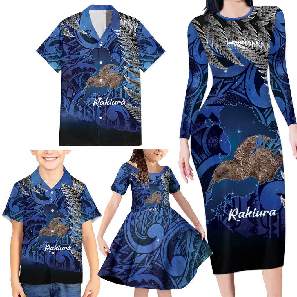 New Zealand Stewart Island Family Matching Long Sleeve Bodycon Dress and Hawaiian Shirt Rakiura Kiwi Maori Glowing Sky