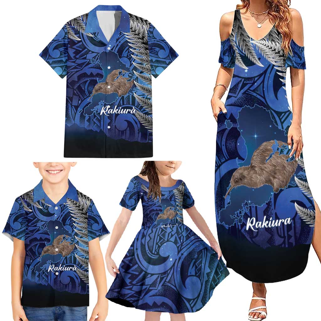 New Zealand Stewart Island Family Matching Summer Maxi Dress and Hawaiian Shirt Rakiura Kiwi Maori Glowing Sky