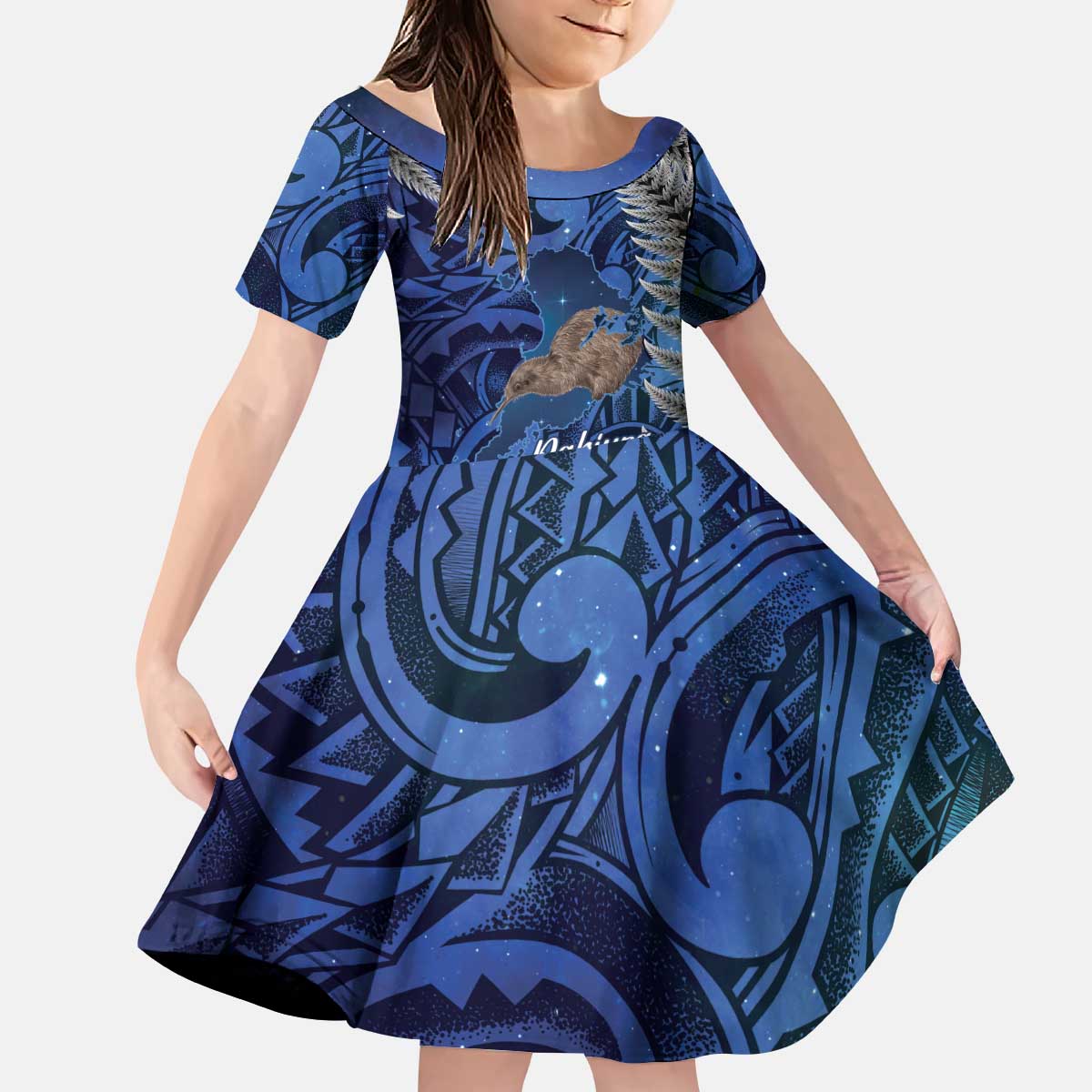 New Zealand Stewart Island Kid Short Sleeve Dress Rakiura Kiwi Maori Glowing Sky
