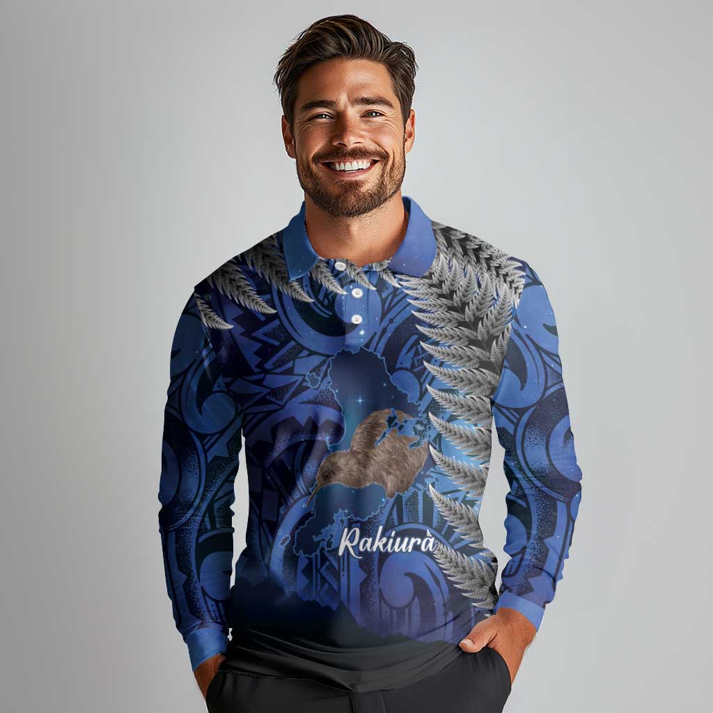 New Zealand Stewart Island Long Sleeve Polo Shirt Rakiura Kiwi Maori Glowing Sky