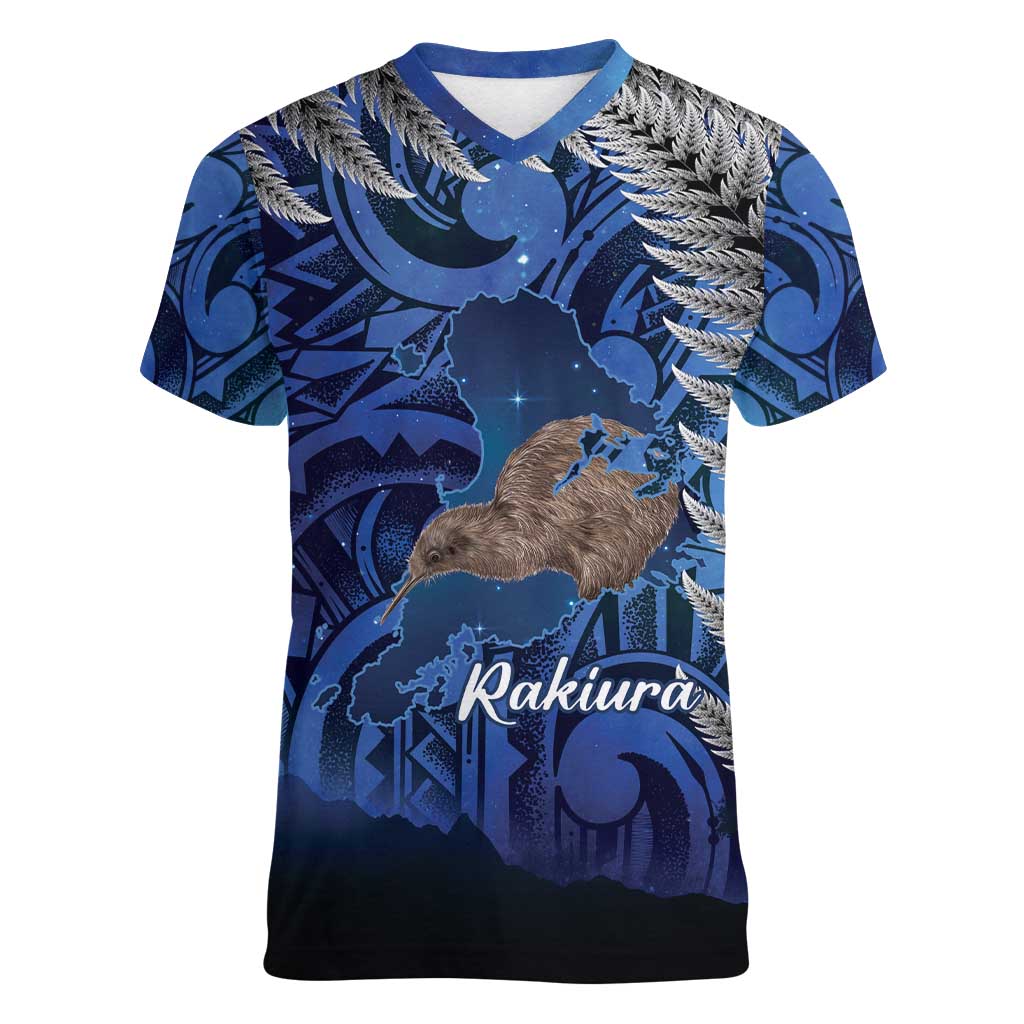New Zealand Stewart Island Women V-Neck T-Shirt Rakiura Kiwi Maori Glowing Sky
