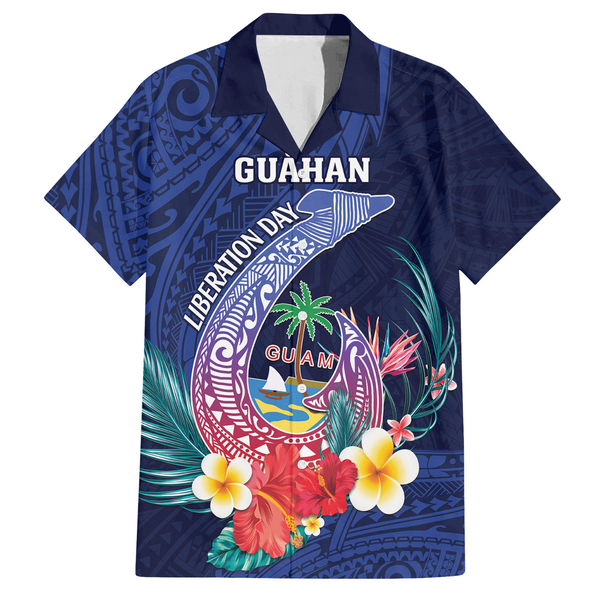 Personalised Guam Liberation Day Family Matching Long Sleeve Bodycon Dress and Hawaiian Shirt Happy 80th Anniversary Fish Hook Mix Tropical Flowers LT14 Dad's Shirt - Short Sleeve Blue - Polynesian Pride
