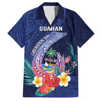 Personalised Guam Liberation Day Family Matching Long Sleeve Bodycon Dress and Hawaiian Shirt Happy 80th Anniversary Fish Hook Mix Tropical Flowers LT14 Dad's Shirt - Short Sleeve Blue - Polynesian Pride