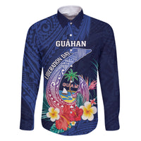 Personalised Guam Liberation Day Family Matching Long Sleeve Bodycon Dress and Hawaiian Shirt Happy 80th Anniversary Fish Hook Mix Tropical Flowers LT14 Dad's Shirt - Long Sleeve Blue - Polynesian Pride