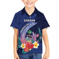 Personalised Guam Liberation Day Family Matching Long Sleeve Bodycon Dress and Hawaiian Shirt Happy 80th Anniversary Fish Hook Mix Tropical Flowers LT14 Son's Shirt Blue - Polynesian Pride