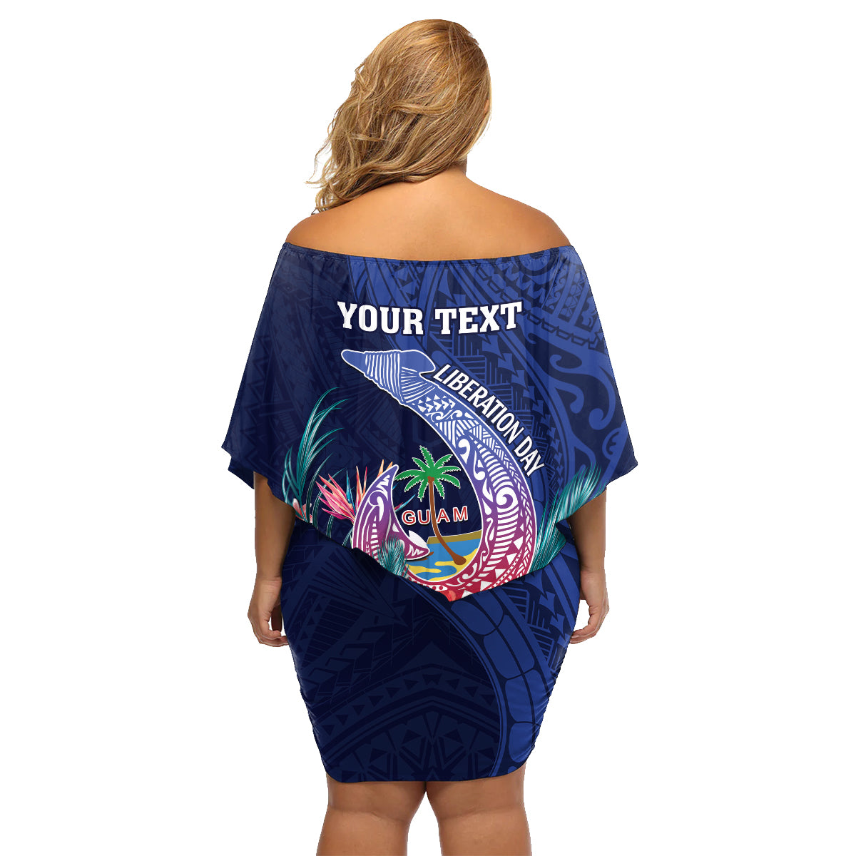 Personalised Guam Liberation Day Family Matching Off Shoulder Short Dress and Hawaiian Shirt Happy 80th Anniversary Fish Hook Mix Tropical Flowers