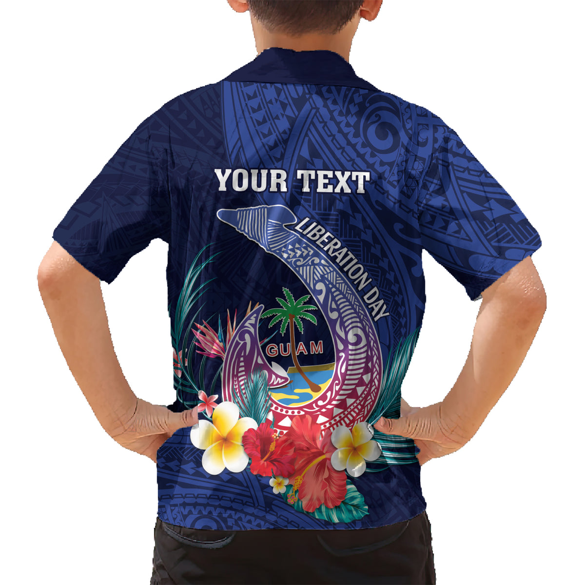 Personalised Guam Liberation Day Family Matching Short Sleeve Bodycon Dress and Hawaiian Shirt Happy 80th Anniversary Fish Hook Mix Tropical Flowers