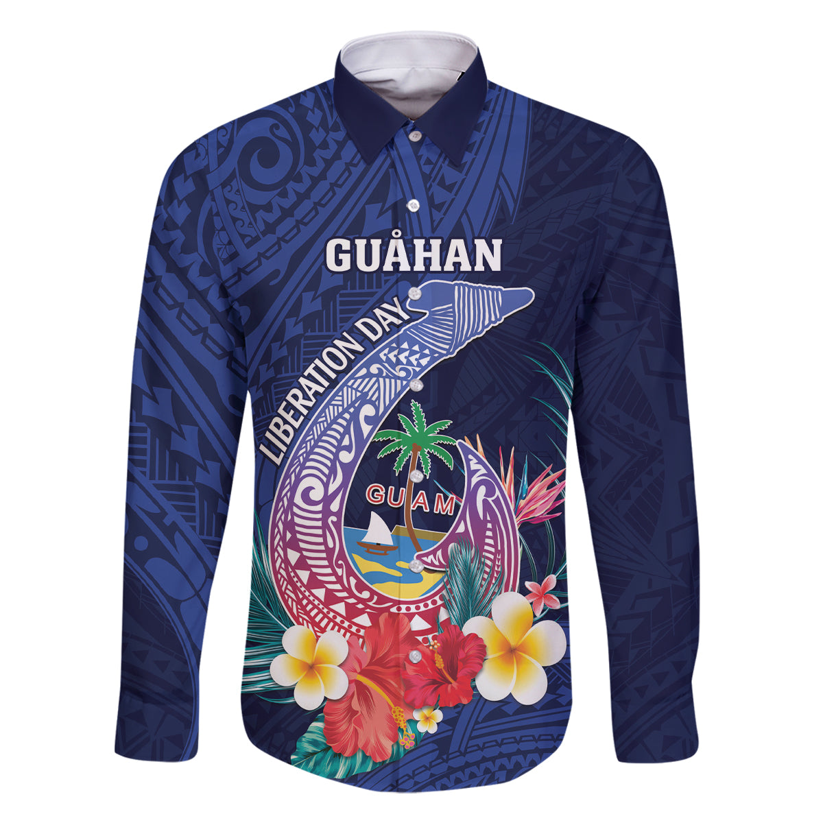 Personalised Guam Liberation Day Family Matching Tank Maxi Dress and Hawaiian Shirt Happy 80th Anniversary Fish Hook Mix Tropical Flowers LT14 Dad's Shirt - Long Sleeve Blue - Polynesian Pride