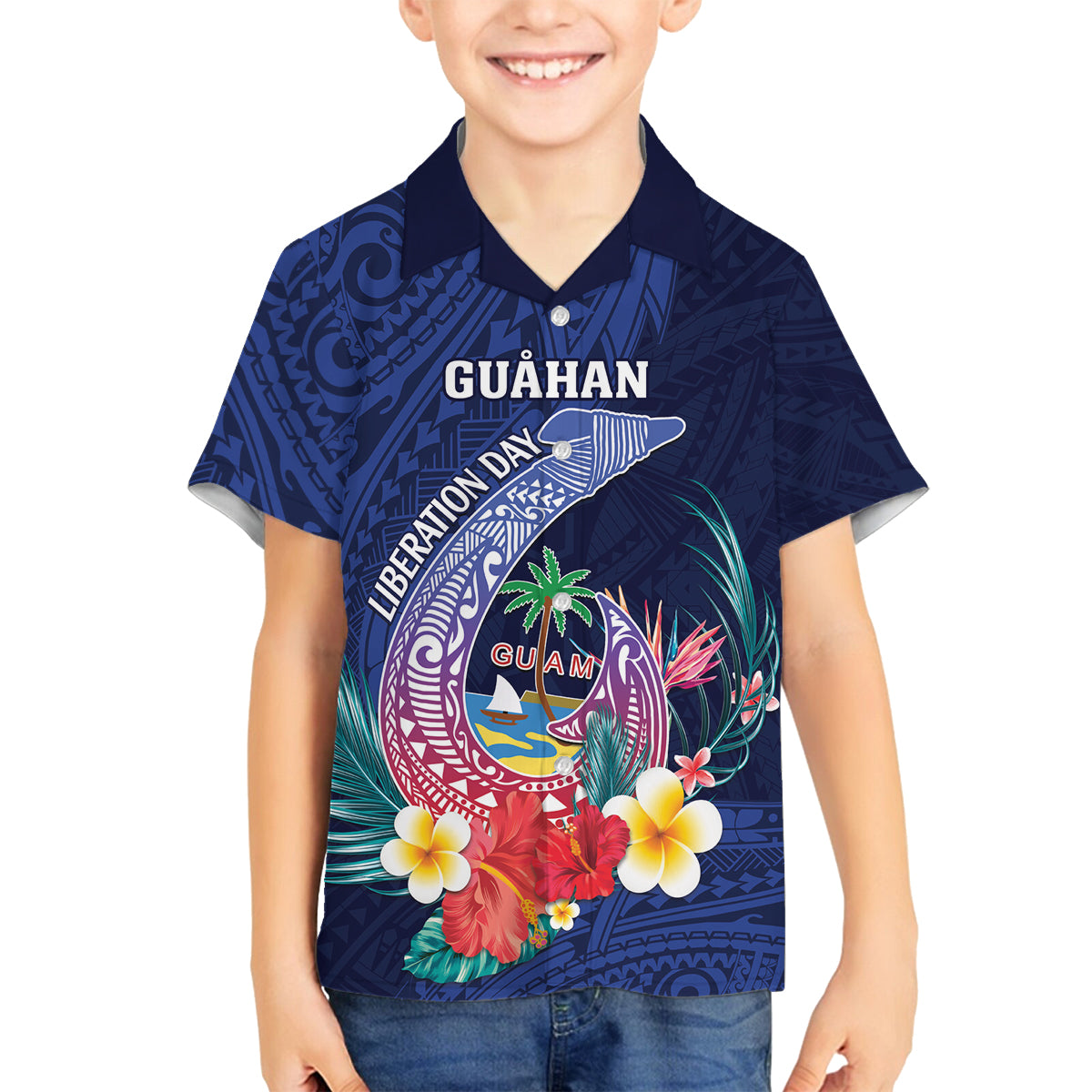 Personalised Guam Liberation Day Family Matching Tank Maxi Dress and Hawaiian Shirt Happy 80th Anniversary Fish Hook Mix Tropical Flowers LT14 Son's Shirt Blue - Polynesian Pride
