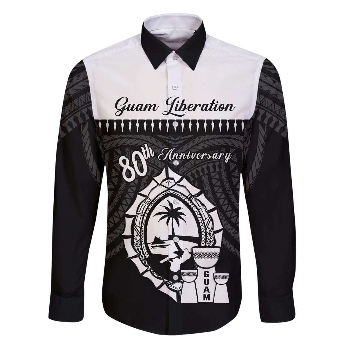 Guam Liberation Day Family Matching Long Sleeve Bodycon Dress and Hawaiian Shirt Biba Guahan Chamorro 80th Anniversary - Black LT14 Dad's Shirt - Long Sleeve Black - Polynesian Pride