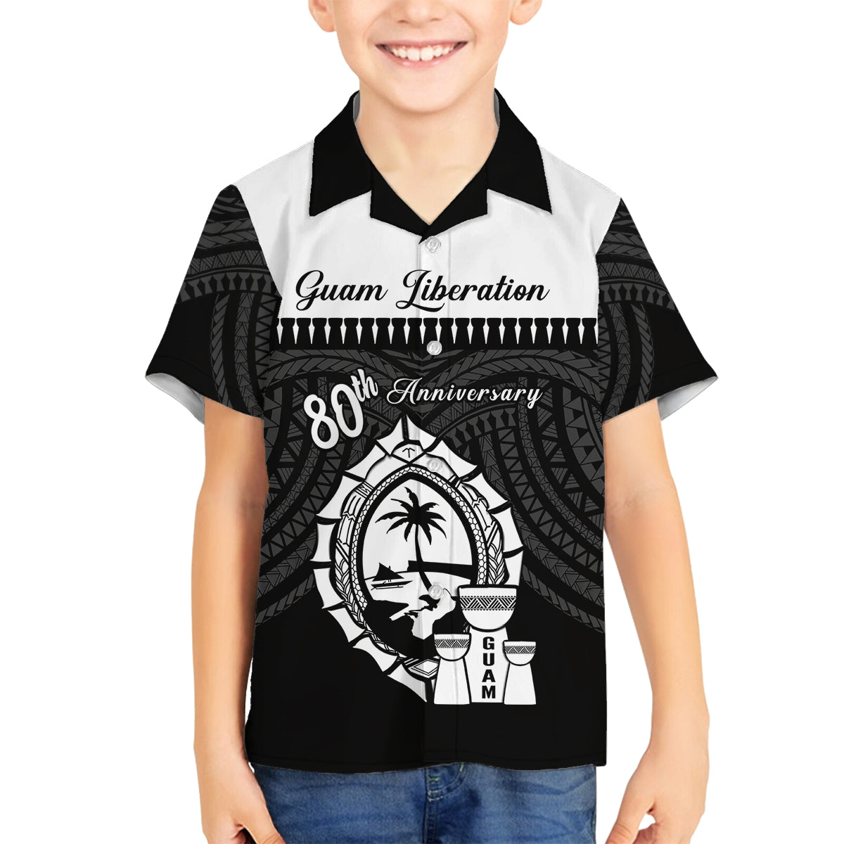 Guam Liberation Day Family Matching Long Sleeve Bodycon Dress and Hawaiian Shirt Biba Guahan Chamorro 80th Anniversary - Black LT14 Son's Shirt Black - Polynesian Pride