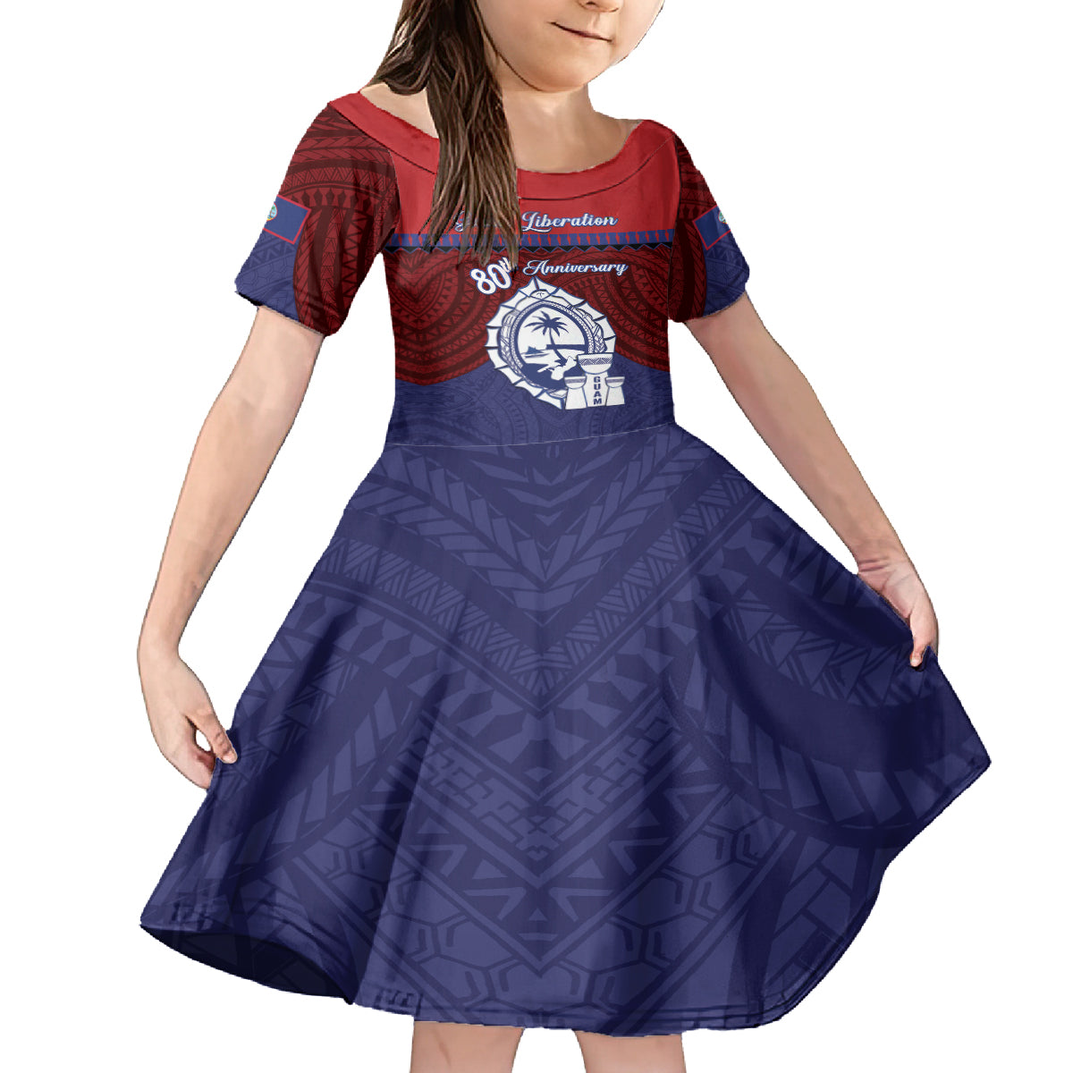 Guam Liberation Day Family Matching Tank Maxi Dress and Hawaiian Shirt Biba Guahan Chamorro 80th Anniversary - Blue LT14 Daughter's Dress Blue - Polynesian Pride