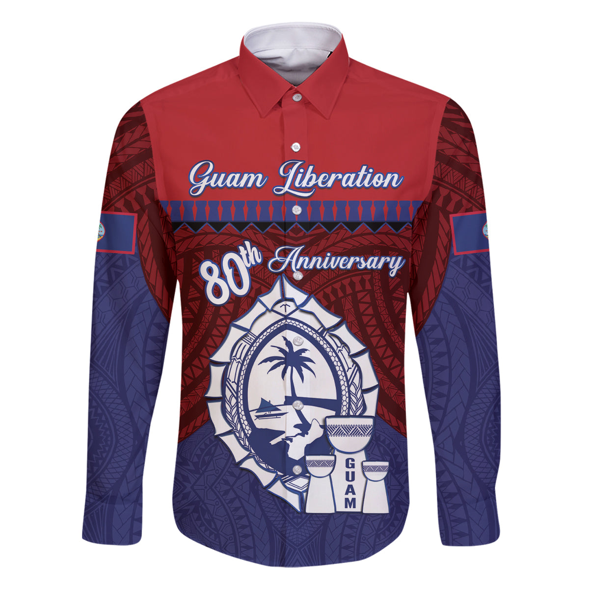 Guam Liberation Day Family Matching Tank Maxi Dress and Hawaiian Shirt Biba Guahan Chamorro 80th Anniversary - Blue LT14 Dad's Shirt - Long Sleeve Blue - Polynesian Pride