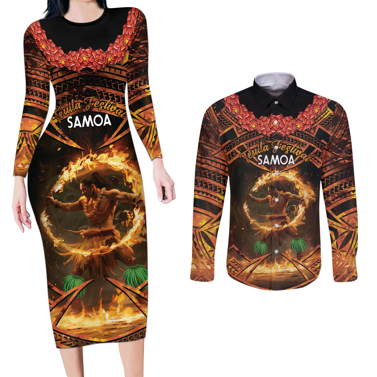 Samoa Teuila 2024 Festival Couples Matching Long Sleeve Bodycon Dress and Long Sleeve Button Shirt Samoan Siva Afi With Red Gingers LT14 Black - Polynesian Pride