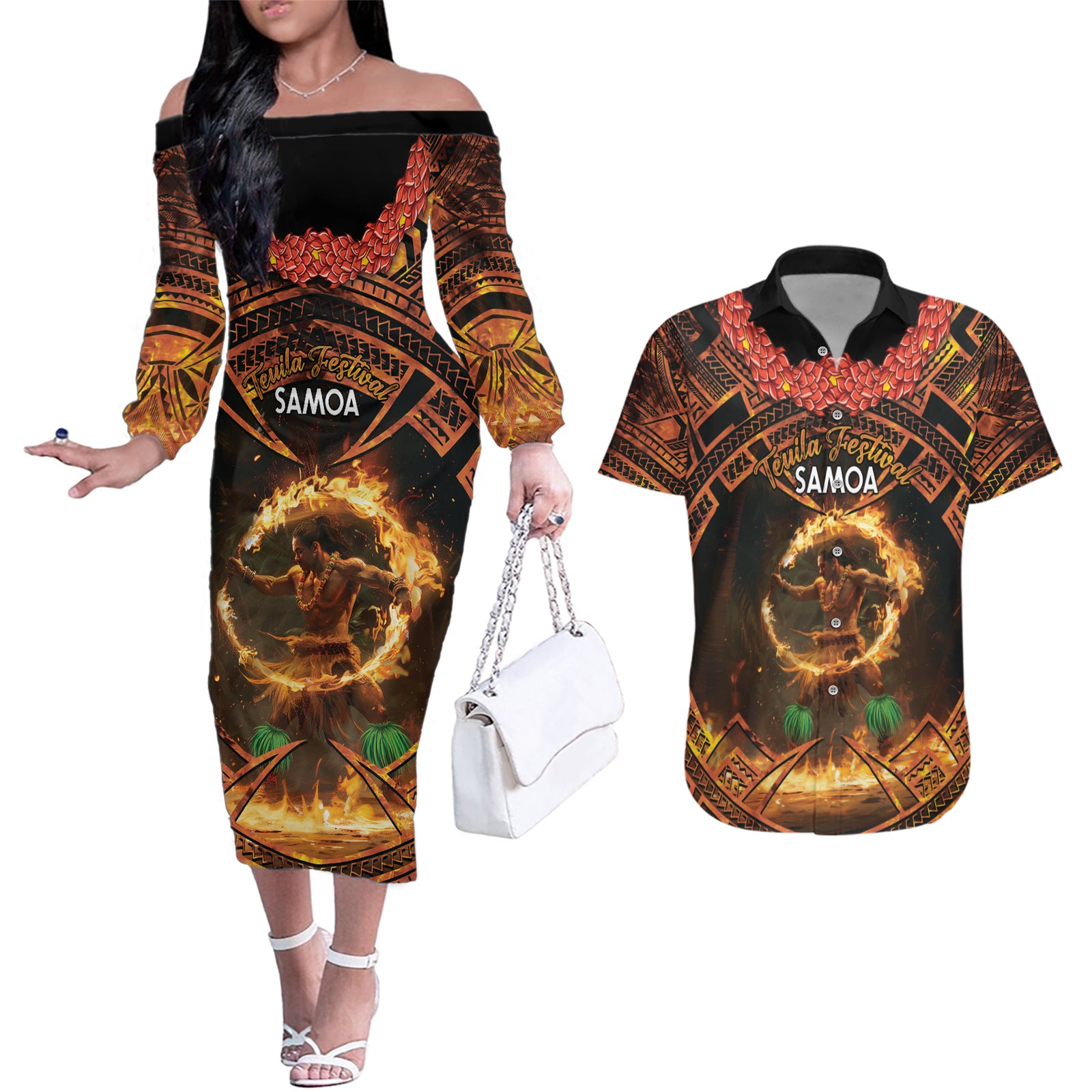 Samoa Teuila 2024 Festival Couples Matching Off The Shoulder Long Sleeve Dress and Hawaiian Shirt Samoan Siva Afi With Red Gingers LT14 Black - Polynesian Pride