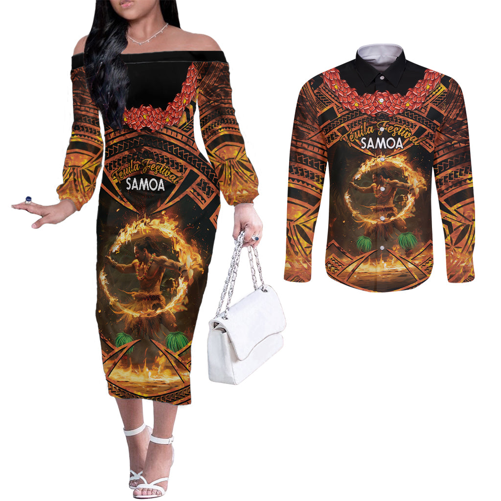 Samoa Teuila 2024 Festival Couples Matching Off The Shoulder Long Sleeve Dress and Long Sleeve Button Shirt Samoan Siva Afi With Red Gingers LT14 Black - Polynesian Pride