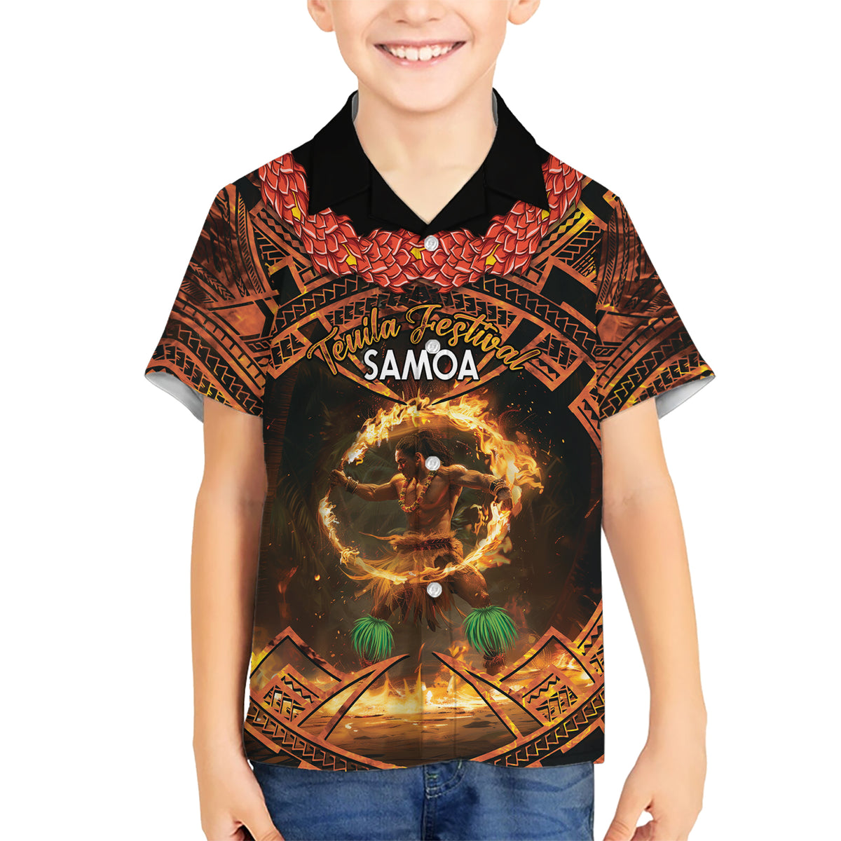 Samoa Teuila 2024 Festival Kid Hawaiian Shirt Samoan Siva Afi With Red Gingers LT14 Kid Black - Polynesian Pride