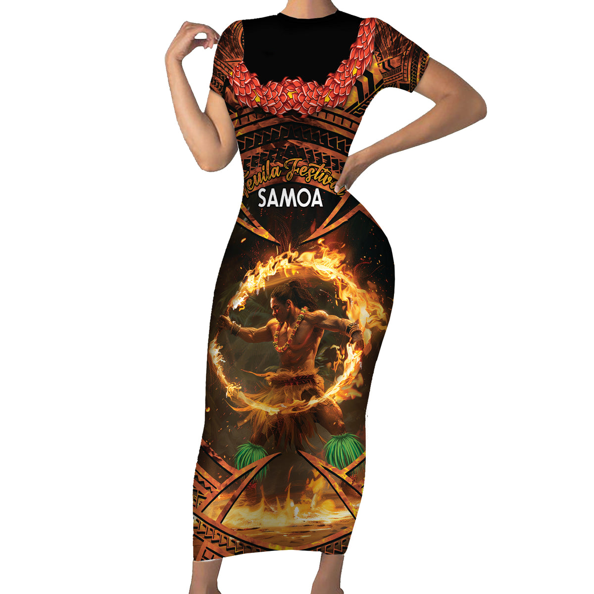 Samoa Teuila 2024 Festival Short Sleeve Bodycon Dress Samoan Siva Afi With Red Gingers LT14 Long Dress Black - Polynesian Pride
