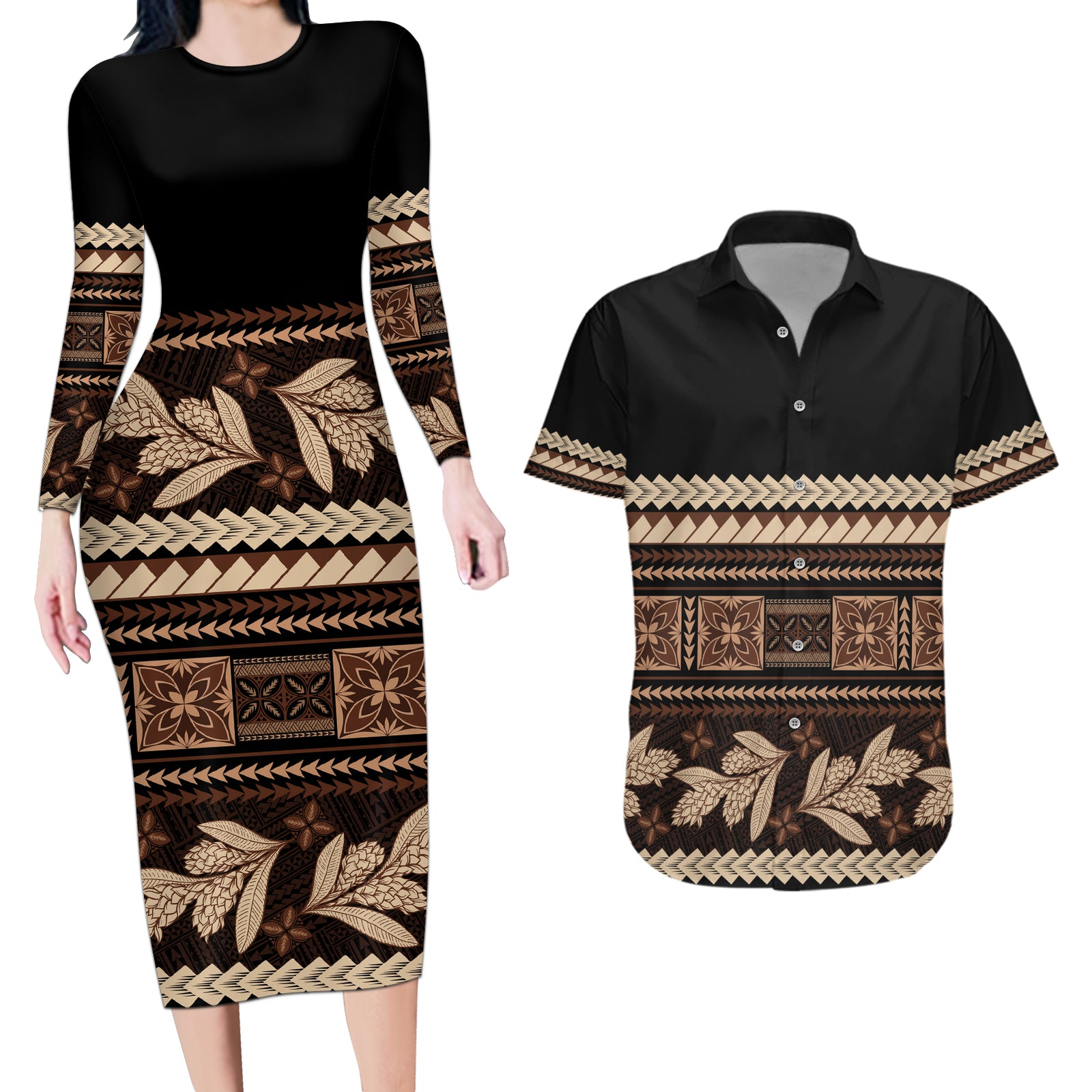 Black Samoa Siapo Teuila Flowers Couples Matching Long Sleeve Bodycon Dress and Hawaiian Shirt LT14 Black - Polynesian Pride